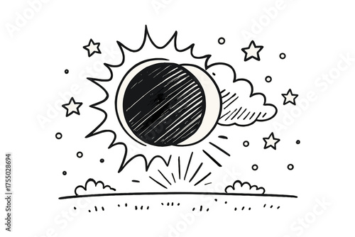 Eclipse Doodle Art. Eclipse. Hand-drawn doodle illustration Eclipse moon sun shadow stars sky cloud horizon light flare corona. Simple cartoon-style black line