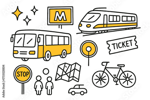 Colorful Transit Doodles. Public Transportation. Hand-drawn doodle illustration bus (colored), train (colored), metro sign (colored), sparkle, star, ticket
