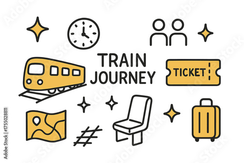 Colorful Train Journey Doodle. Train Journey. Hand-drawn doodle illustration train (colored), railway tracks (colored), ticket (colored), sparkle, star,