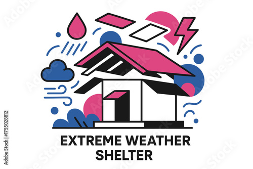 Geometric Weather Shelter. Extreme Weather Shelter. Abstract geometric structure with floating weatherproof panels and reinforced roofing, floating lightning,