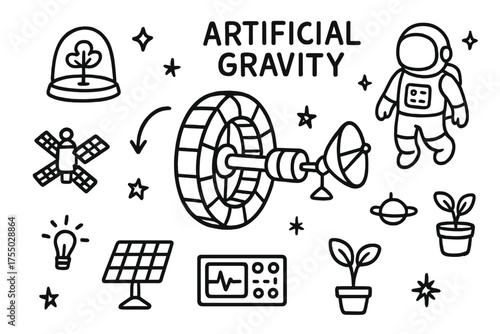 Artificial Gravity Doodle. Artificial Gravity. Hand-drawn doodle illustration Artificial Gravity rotating module astronaut tree plant dome space