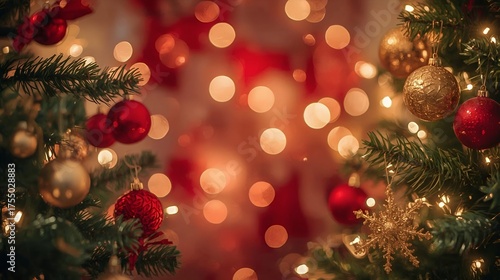 Christmas bauble on pine branch, festive macro background.