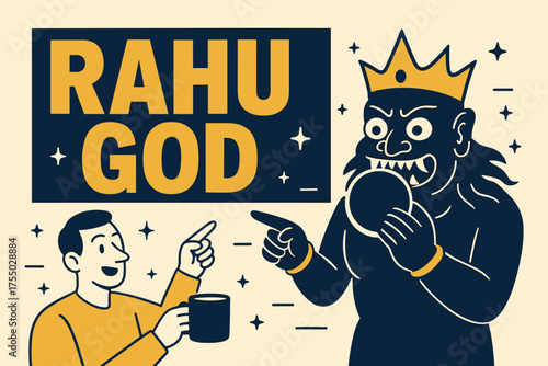 Rahu Eclipse Banner. Rahu God banner, flat vector illustration, bold oversized text inside rectangular frame, cartoon characters standing and pointing, holding