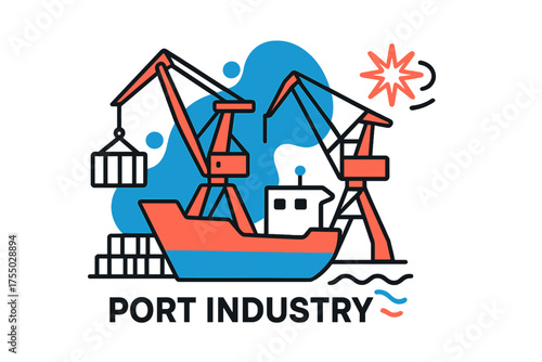 Dynamic Port Illustration. Port Industry. A glowing dockyard with cranes loading ships, abstract spark and wave icons symbolizing trade. Modern flat-line