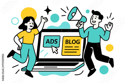Digital Outreach Dynamics. Software Campaign. A glowing laptop screen showing digital ads and blog content, abstract spark and circle icons symbolizing
