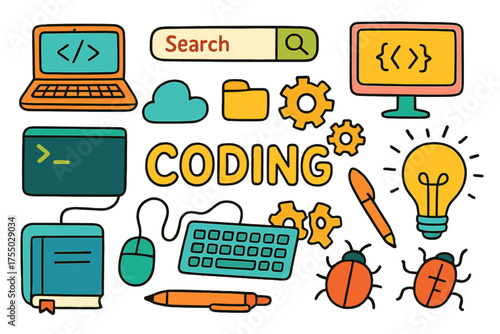 Colorful Coding Doodle. Coding. Colorful Hand-drawn doodle Children illustration Coding laptop, keyboard, mouse, monitor, search bar, code snippet, terminal,