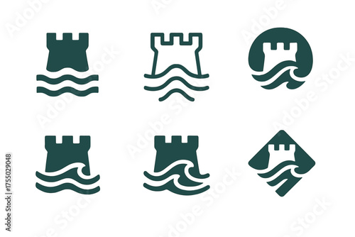 Logo Variations Grid. climate-resilient infrastructure. Set Logo of climate-resilient infrastructure: coastal seawall. harmonious logo variations of the same