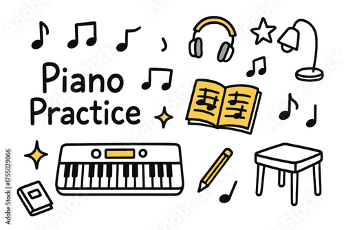 Colorful Piano Practice. Piano Practice. Hand-drawn doodle illustration keyboard (colored), sheet music (colored), headphones (colored), sparkle, star, notes,