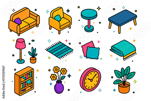 Colorful Sofa Icons. Modern Sofa. Colorful isometric vector icons set of modern sofa: sofa, armchair, side table, coffee table, floor lamp, rug, cushions,