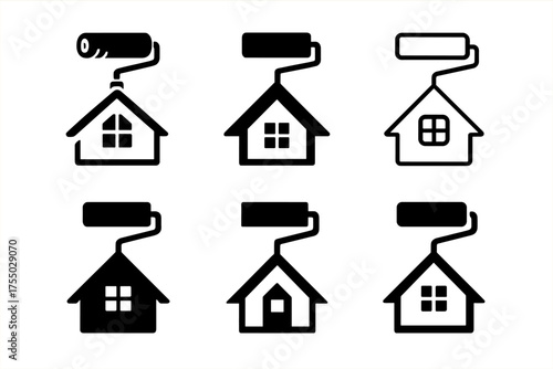 Summer House Logo Variations. Painting a Summer House. Set Logo of Painting a Summer House: paint roller over roof. harmonious logo variations of the same