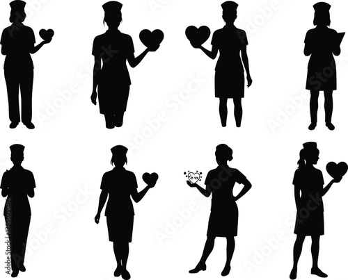 Nurse silhouette illustration, healthcare workers with hearts, compassion and care, medical support, nursing profession appreciation design