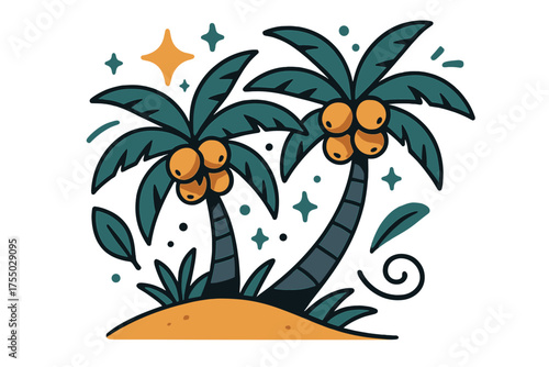 Vibrant Coconut Groove. Coconut grove. Glowing palms with clusters of coconuts leaning over golden sand. Floating icons of sparkle, leaf, and swirl symbolizing