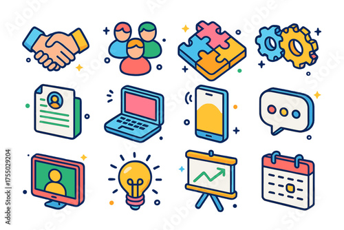 Cooperative Work Icons. Cooperative Work. Colorful isometric vector icons set of cooperative work: handshake, team members, puzzle pieces, gears, shared