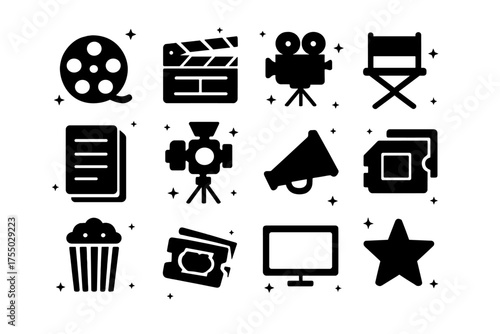 Cinematic Icons Collection. Cinematic storytelling. Solid icons set of Cinematic storytelling: film reel, clapperboard, movie camera, director?s chair, script,