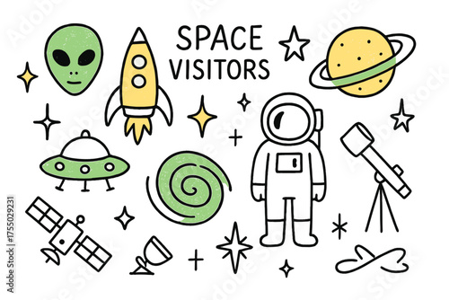 Cosmic Doodle Adventure. Space Visitors. Hand-drawn doodle illustration alien head (colored), rocket (colored), planet (colored), sparkle, star, UFO, galaxy