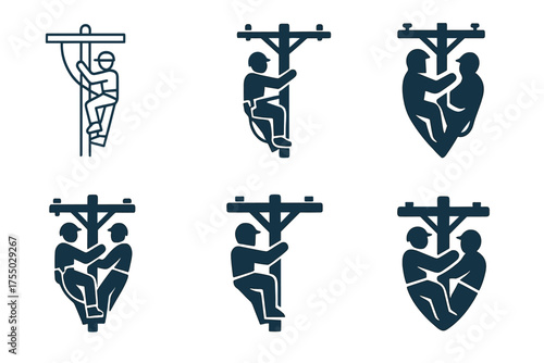 Electric Line Repair Logos. Electrical line installers repairing power lines. Set Logo of Electrical line installers repairing power lines: safety harness and