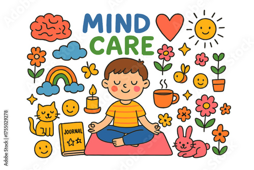 Colorful Mindfulness Doodles. Mind Care. Colorful Hand-drawn doodle Children illustration child meditating, yoga mat, heart, brain, sun, clouds, flowers,