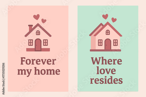 Home Sweet Home. Forever my home. Two vertical A6 banners with safe margins, centered composition, no elements touching edges, flat vector design, pastel pink