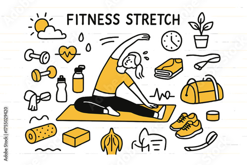 Fitness Stretch Essentials. Fitness Stretch. Hand-drawn doodle illustration Person, stretching, yoga mat, dumbbells, water bottle, towel, sneakers, resistance