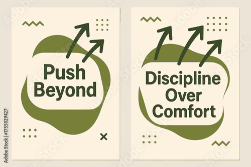 Motivational Banners Design. Inspiration. Two vertical A6 banners with safe margins, centered composition, no elements touching edges, memphis style, olive