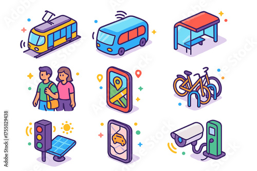 Automated Mobility Icons. Automated Mobility. Colorful isometric vector icons set of automated mobility: autonomous tram, self-driving bus, electric shuttle,