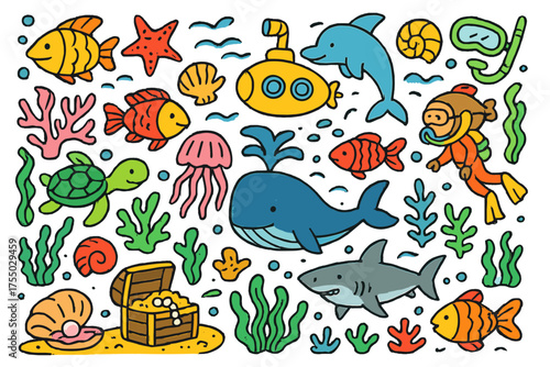 Vibrant Underwater Adventure. Underwater world. Colorful Hand-drawn doodle Children illustration Underwater world fish, dolphins, whales, sharks, coral,