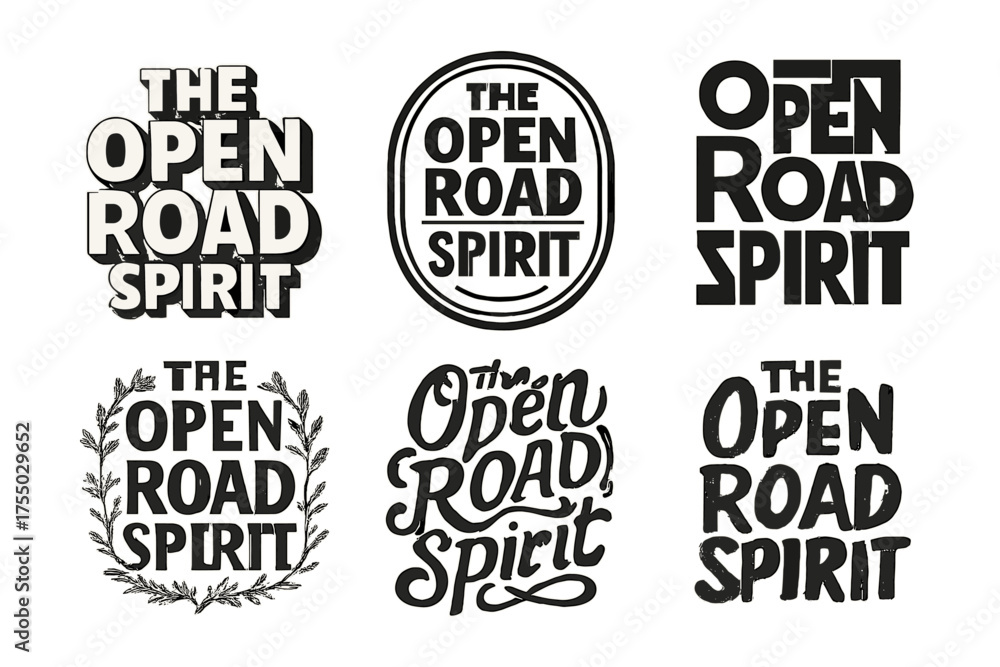 Fototapeta premium Open Road Spirit Varieties. The Open Road Spirit. Set lettering. harmonious lettering variations of the same emblematic concept, each with different artistic