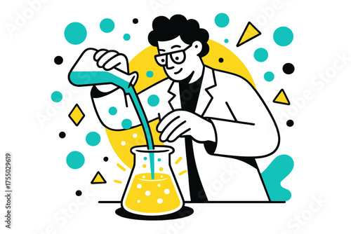 Chemist's Vivid Experiment. Laboratory work. Chemist pouring liquid into a glowing beaker, abstract floating bubbles and geometric shapes illustrating reaction