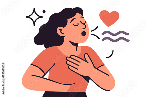 Glowing Relief Exhale. Relieved breath. Glowing person holding chest, exhaling deeply after sharp gasp. Floating icons of sparkle, wave, and heart symbolizing