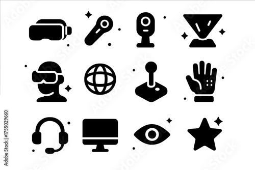 Virtual Reality Icons. Virtual reality. Solid icons set of Virtual reality: VR headset, VR controller, camera, hologram, avatar, virtual globe, joystick,