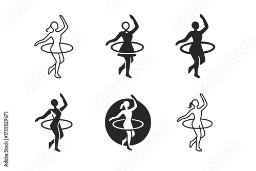 Hula Hoop Logo Variations. hula hoop ring. Set Logo of hula hoop ring: hooping performer silhouette mid-spin. harmonious logo variations of the same emblematic
