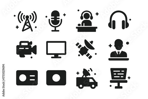 Broadcasting Icons Set. Broadcasting. Solid icons set of Broadcasting: radio tower, microphone, studio, headphones, video camera, screen, satellite, news