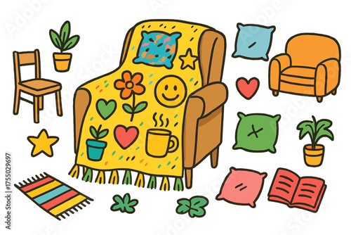 Colorful Home Comforts. Blanket Decor. Colorful Hand-drawn doodle Children illustration folded throw, tassels, sofa, chair, pillow, rug, star, heart, smiley