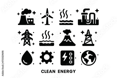 Clean Energy Icons. Clean energy. Solid icons set of Clean energy: geothermal plant, turbine, steam, geothermal pipe, electricity tower, hot spring, volcano,