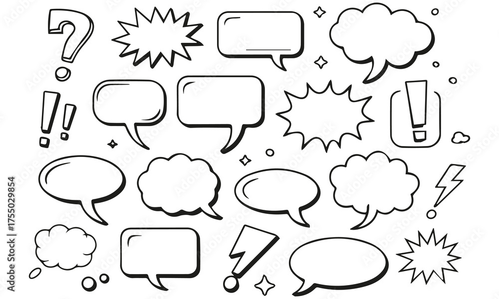 Obraz premium Hand Drawn Speech Bubble Icon Set Comic Chat Balloons and Expression Symbol