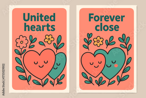 Hearts and Flowers Banners. United hearts. Two vertical A6 banners with safe margins, centered composition, no elements touching edges, cartoon, coral and