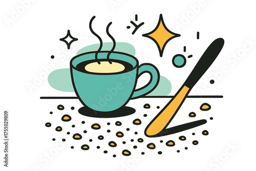 Floating Crumbs and Coffee. Crumbs on Table. A glowing coffee cup and butter knife with scattered bread crumbs, abstract floating spark and star