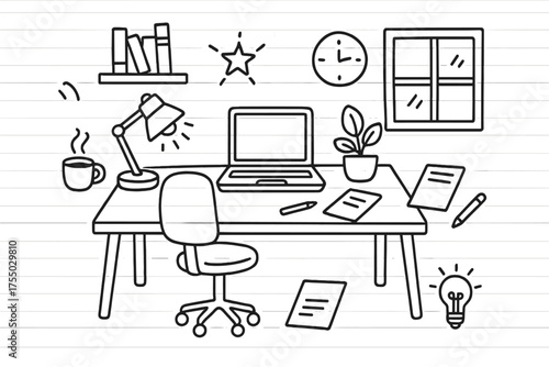 Home Office Doodles. Home office. Hand-drawn doodle illustration home office desk, chair, laptop, lamp, plant, clock, bookshelf, coffee cup, notebook, pencil,