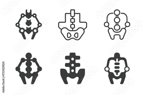 Human Evolution Logos. Evolution of human bodies through AI. Set Logo of Evolution of human bodies through AI: exoskeleton joint / spine segment. harmonious