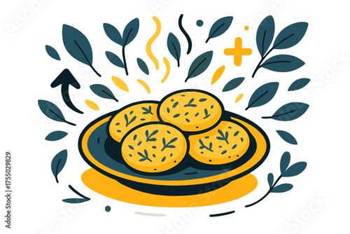 Herb-Infused Cookie Delight. Herb cookies. A glowing plate of freshly baked cookies with visible herbs, floating abstract leaves and soft light highlighting