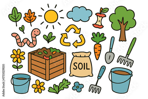 Composting Doodle Art. Soil Enrichment. Colorful Hand-drawn doodle Children illustration compost bin, worm, bag of soil, leaves, apple core, flower, tree,