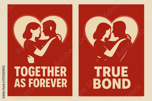 Embracing Silhouettes Banners. Relationship. Two vertical A6 banners with safe margins, centered composition, no elements touching edges, bold style, red and