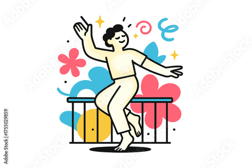 Balcony Dance Bliss. Weekend Hobby. A glowing figure dancing barefoot on a balcony, abstract spark and swirl icons symbolizing relaxation and leisure. Modern