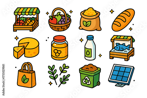 Colorful Organic Market Icons. Organic Market. Colorful isometric vector icons set of organic market: vegetable stall, fruit basket, grain sack, organic bread,
