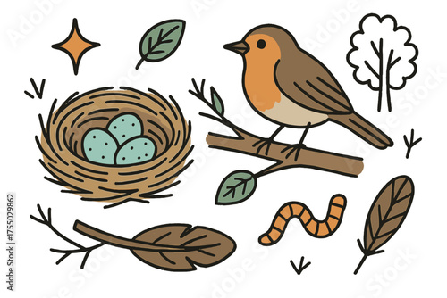 Robin Nest Doodle. Robin Nest. Hand-drawn doodle illustration nest (colored), robin (colored), eggs (colored), sparkle, star, branch, leaf (colored), tree,