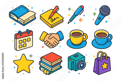 Publishing Celebration Icons. Publishing Celebration. Colorful isometric vector icons set of publishing celebration: book, autograph, pen,