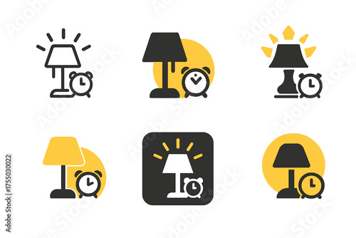 Luminous Lamp Logos. Turning on a bedside lamp. Set Logo of Turning on a bedside lamp: bedside clock and lamp glow. harmonious logo variations of the same