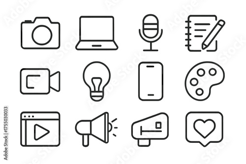 Creative Media Icons. Creative media. Line icon set of Creative media: camera, laptop, microphone, notepad, pencil, video camera, light bulb, smartphone,