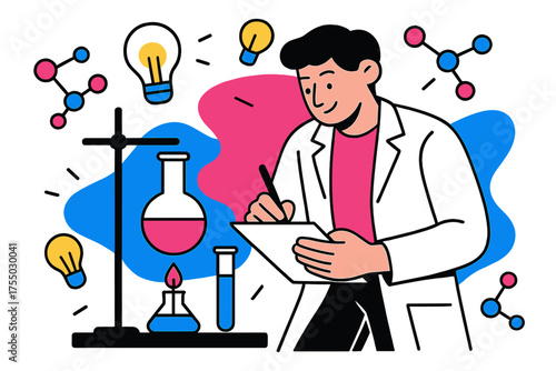 Innovative Laboratory Exploration. Laboratory work. Scientist writing notes beside experimental setup, abstract floating lightbulbs and molecules representing