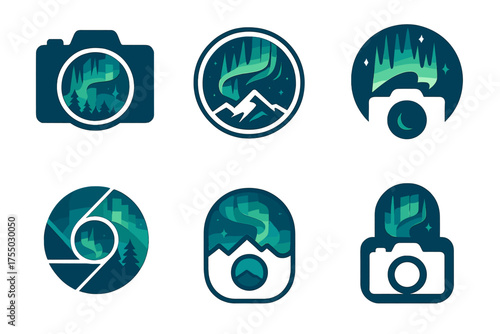 Aurora Borealis Logos. Photography expeditions in extreme environments. Set Logo of Photography expeditions in extreme environments: aurora borealis.